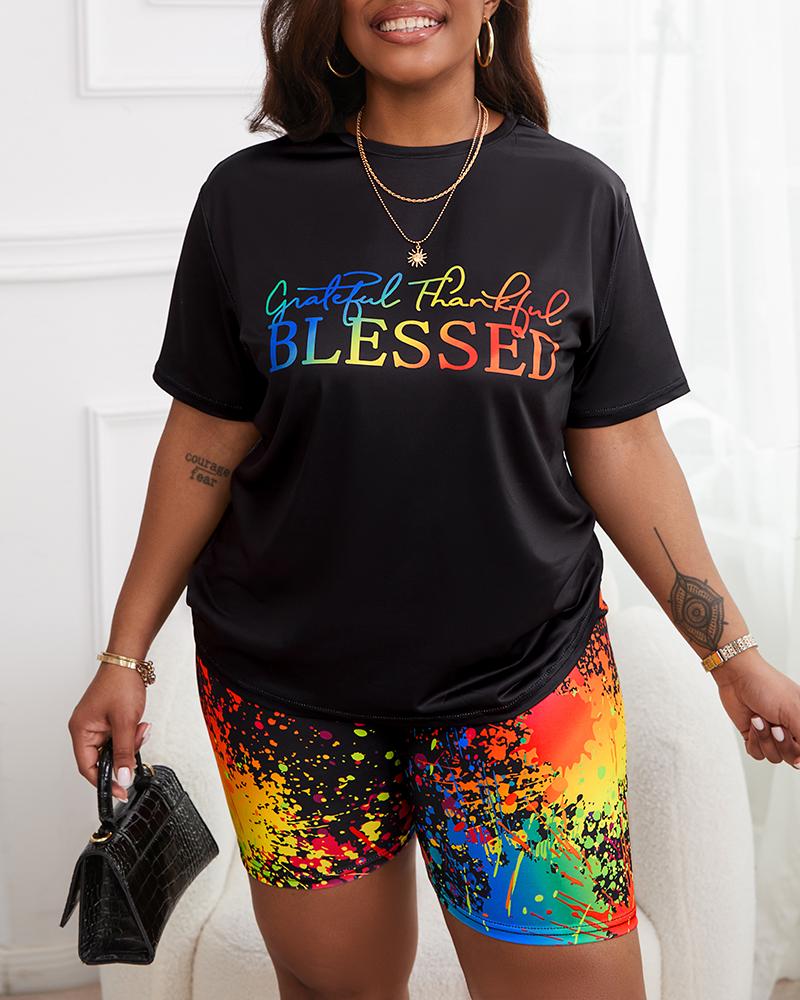 

Plus Size Grateful Thankful Blessed Ink Splash Print Top & Shorts Set, Black