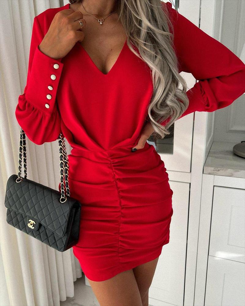 

Long Sleeve Ruched Bodycon Dress, Red