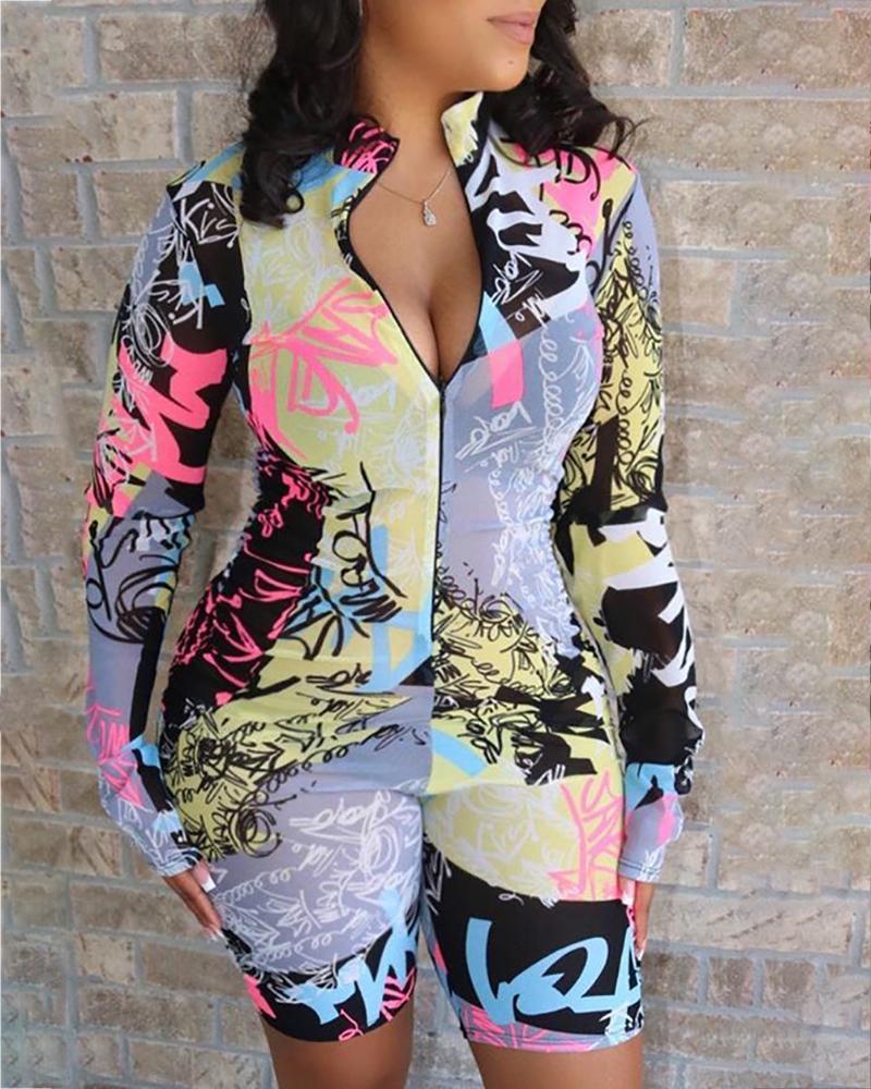 

Print Zipper Design Long Sleeve Romper, Pink