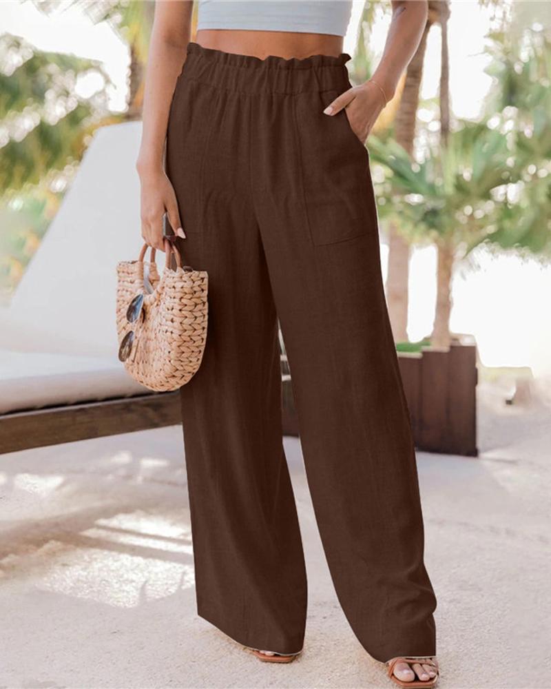 

Patch Pocket Frill Hem High Waist Pants, Coffee