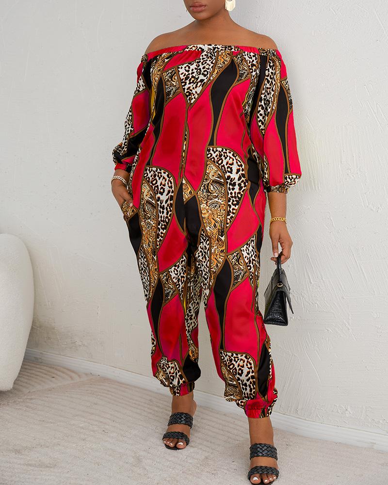 

Plus Size Baroque Leopard Print Off Shoulder Jumpsuit, Red