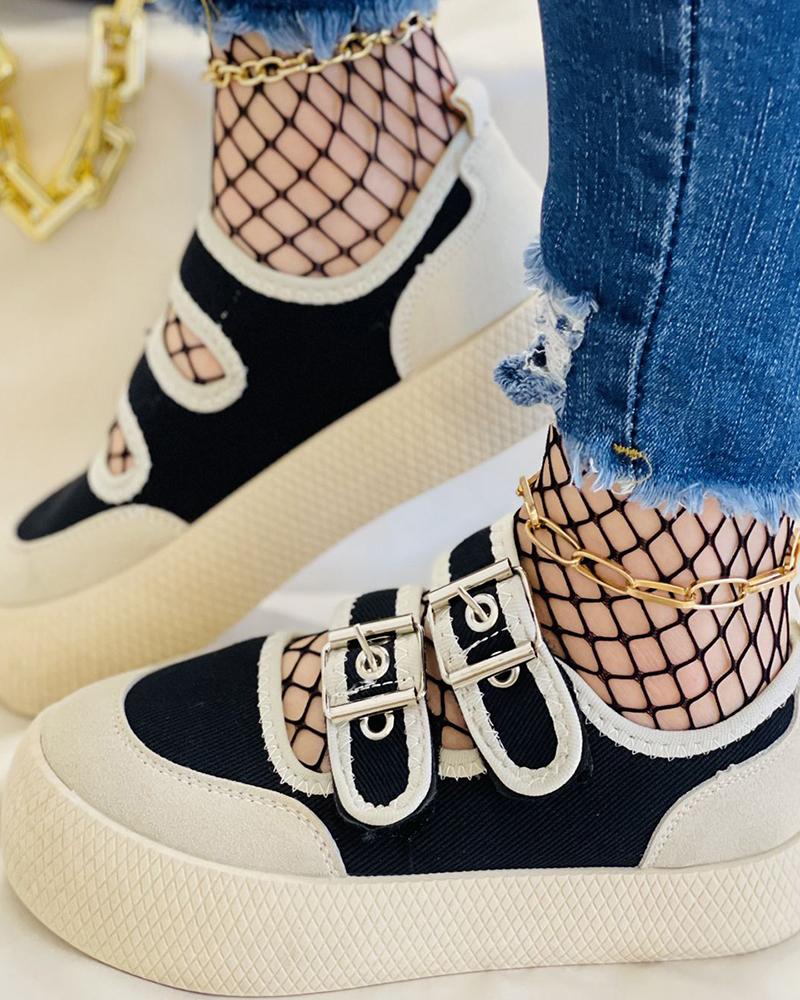 

Eyelet Buckled Colorblock Muffin Sneaker, Black