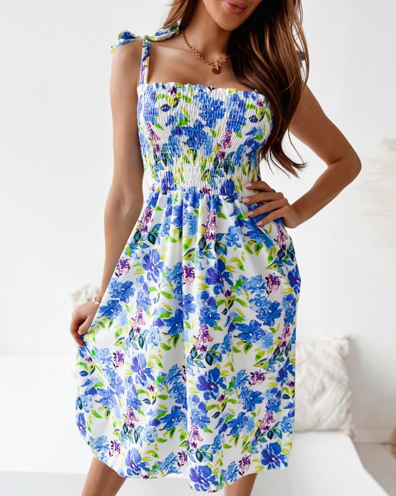 

Floral Print Tied Detail Shirred Dress, Multicolor