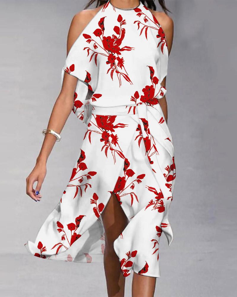 

Floral Print Cold Shoulder Slit Belted Casual Dress, White