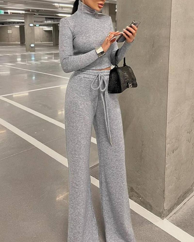 

High Neck Long Sleeve Crop Top & Drawstring Flared Pants Set, Gray