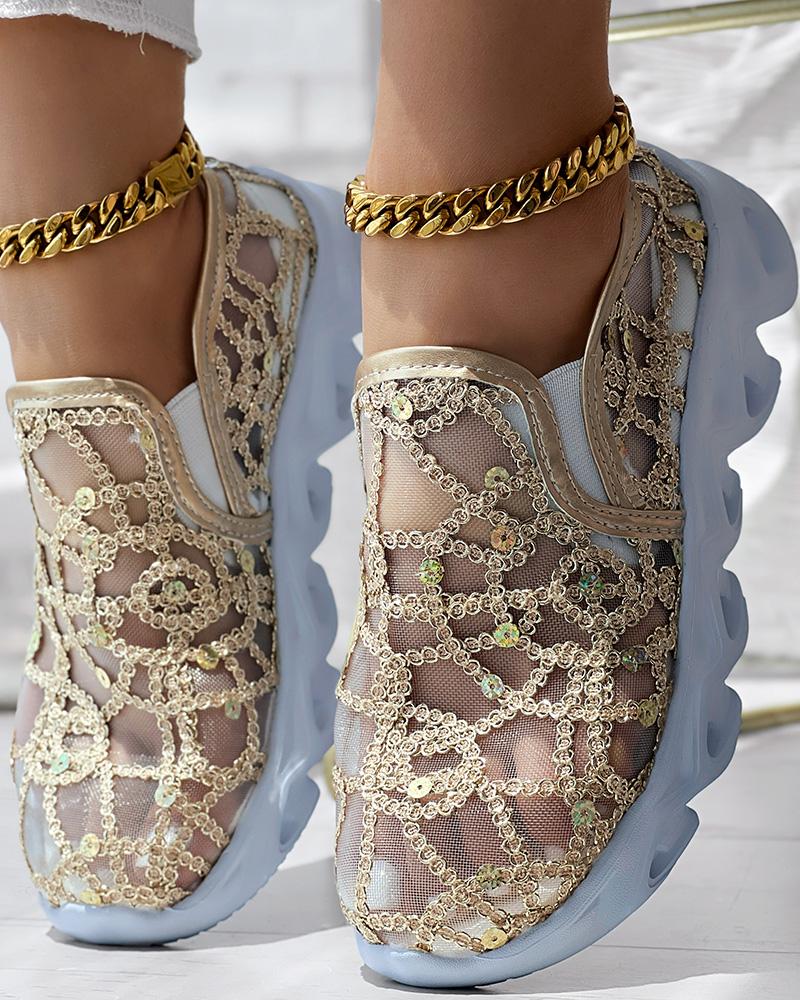 

Contrast Sequin Sheer Mesh Patch Breathable Sneakers, Gold