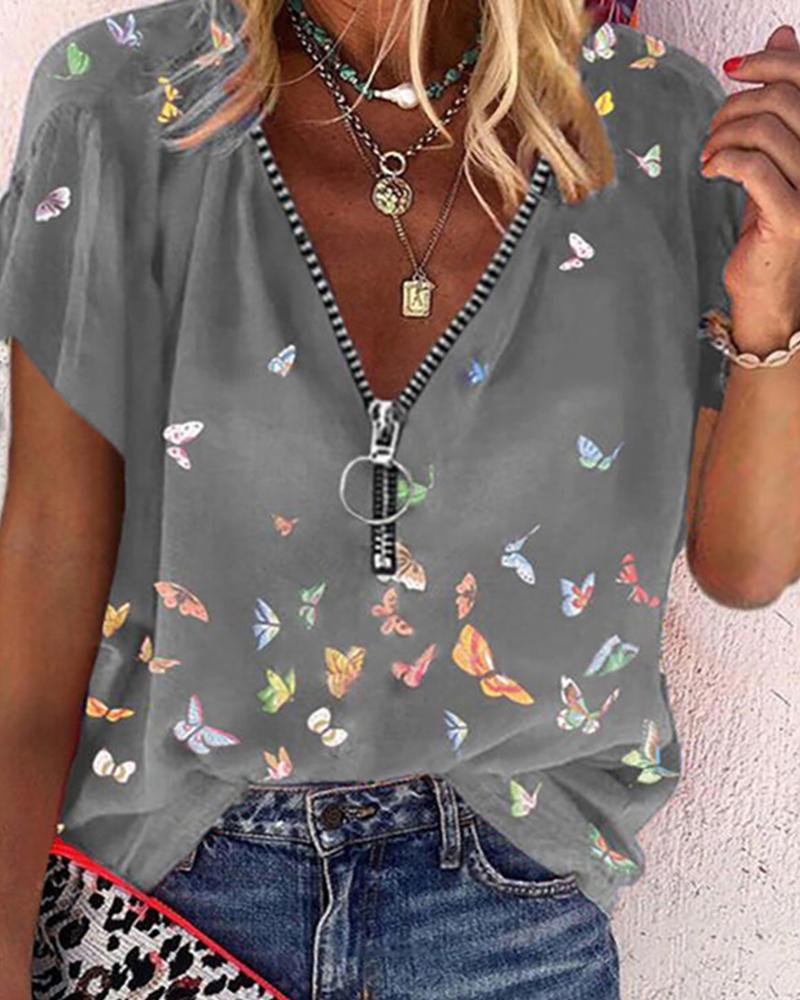 

Butterfly Print V-Neck Short Sleeve Casual Blouse, Gray