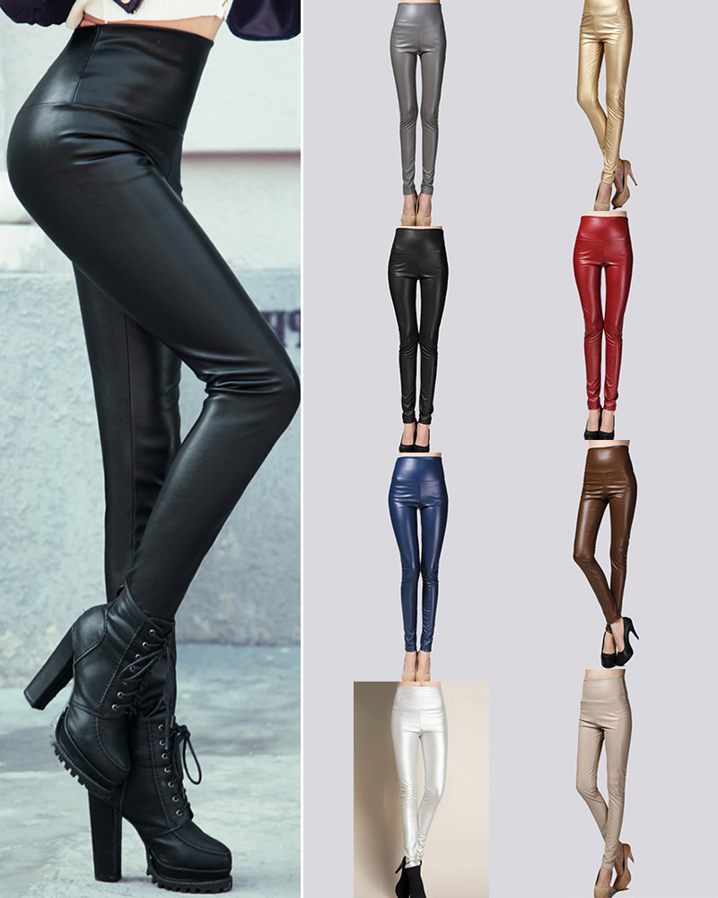 

PU Leather High Waist Thermal Warm Fleece Lined Leggings, Black