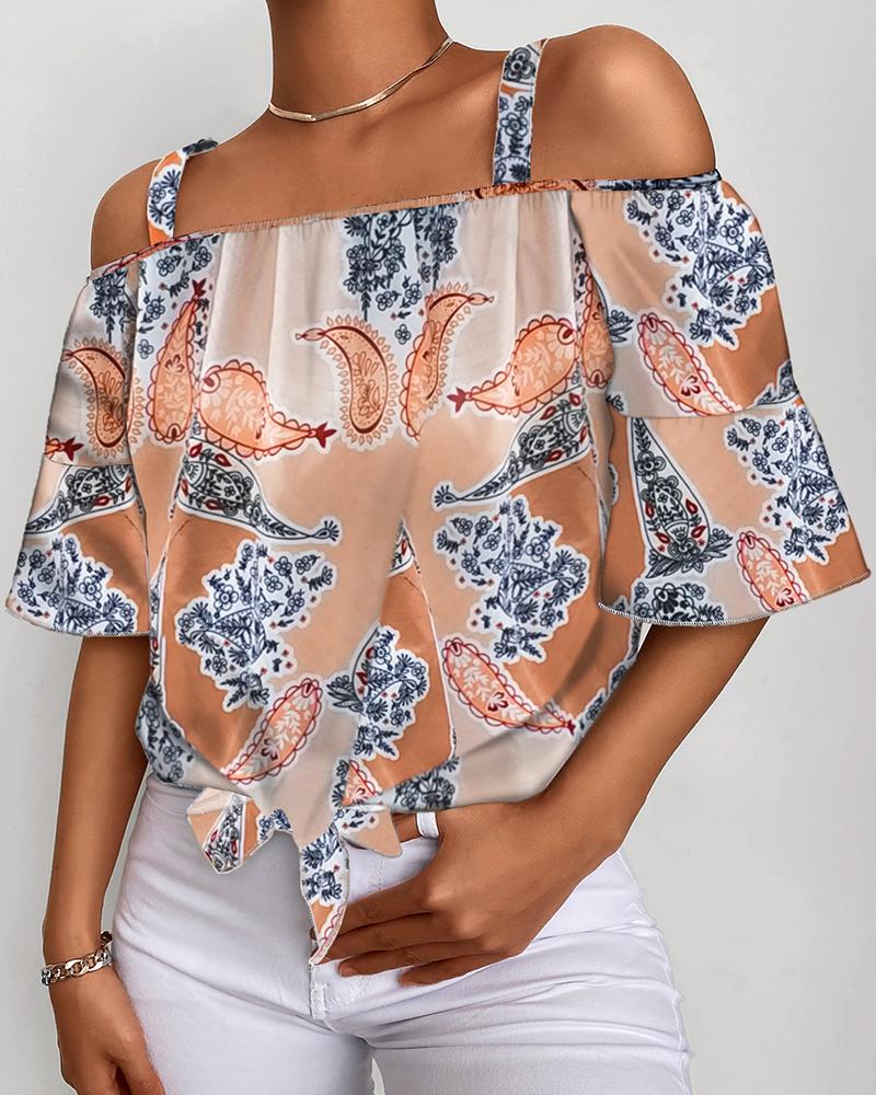 

Cold Shoulder Floral Print Bell Sleeve Top, Multicolor