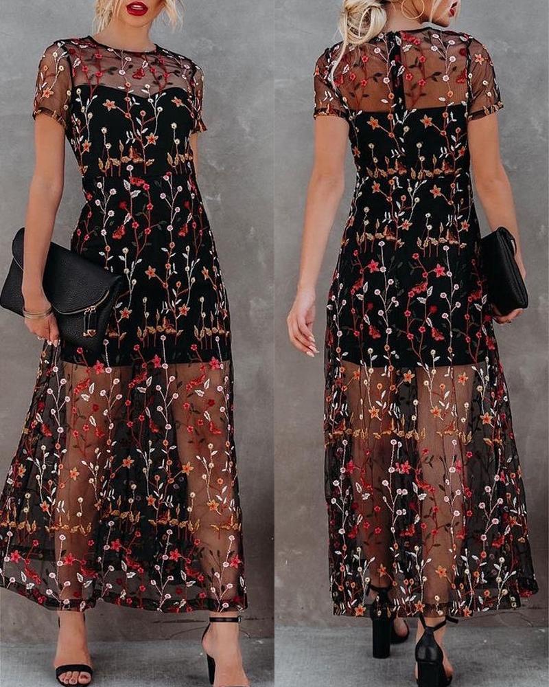 Embroidery Sheer Mesh Overlay Party Dress