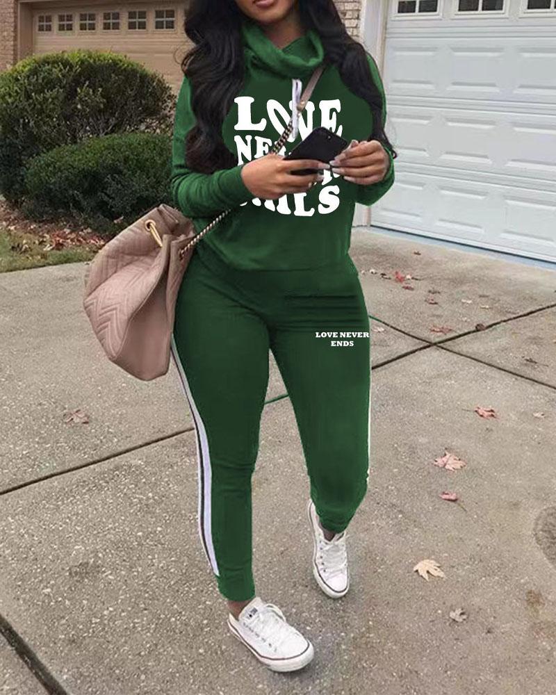 

Plus Size Letter Print Long Sleeve Casual Top & Pants Set, Green