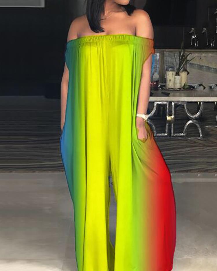 

Tie Dye Print Off Shoulder Loose Jumpsuit, Multicolor