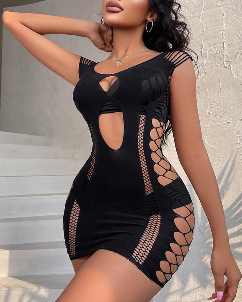 

Cutout Sleeveless Fishnet Design Bodystocking Dress, Black