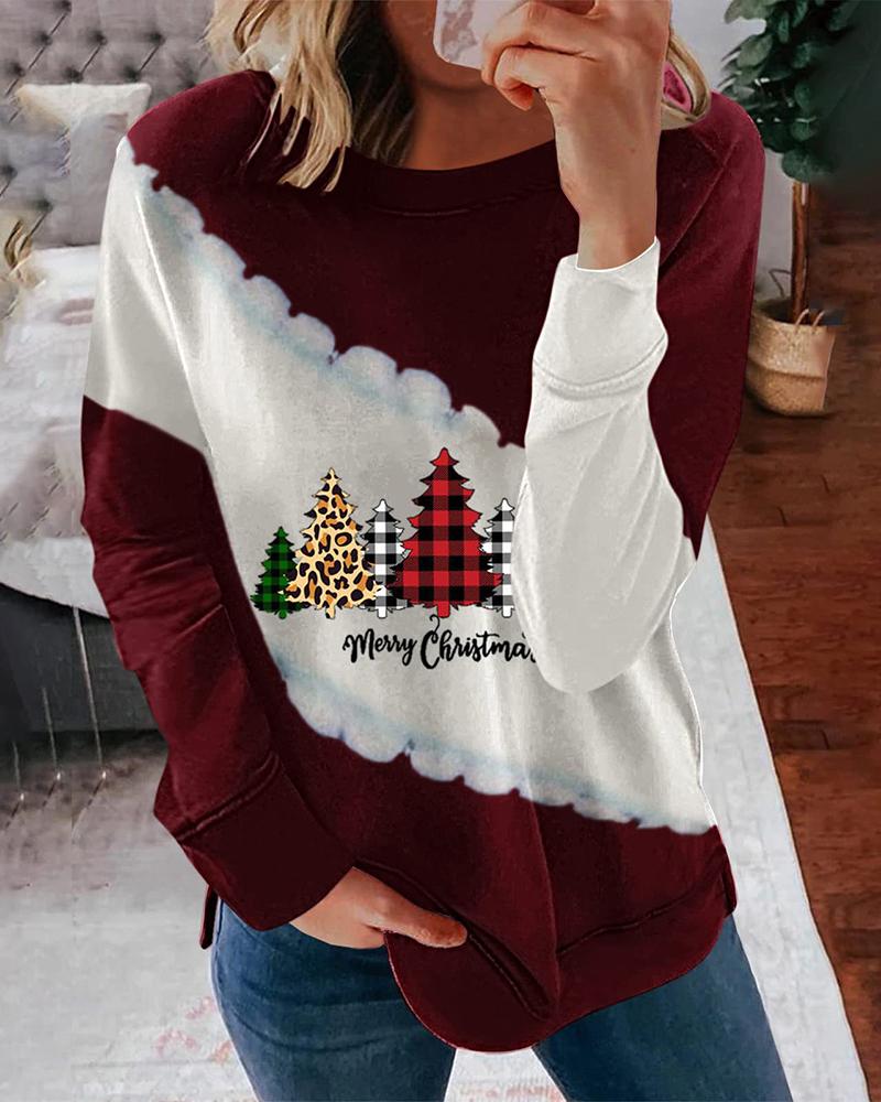 

Christmas Tree Letter Print Colorblock Sweatshirt, Red