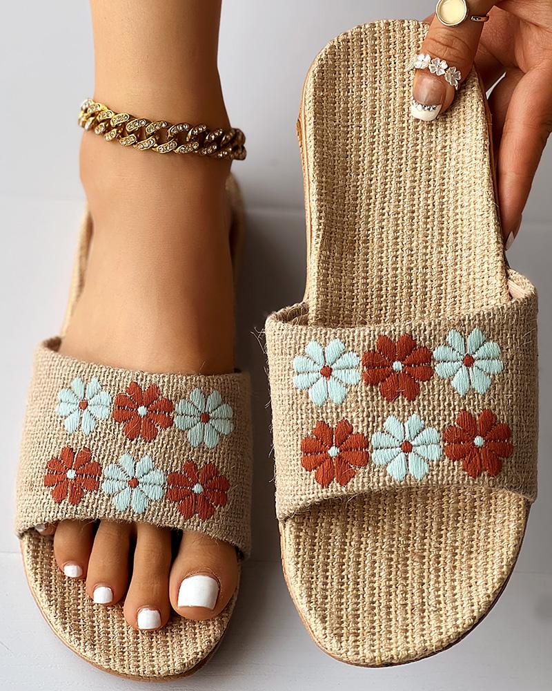 

Daisy Embroidery Wide Strap Linen Slippers, Blue&orange