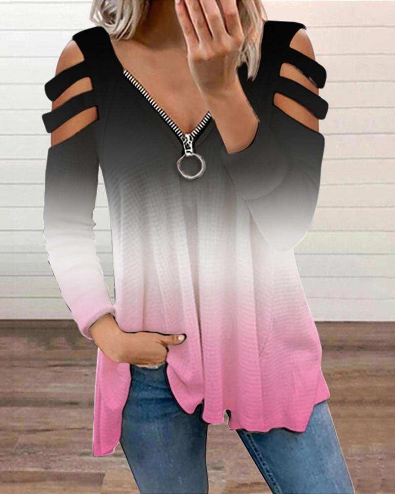 

Floral Print Zipper V-Neck Cut-Out T-Shirt, Style5
