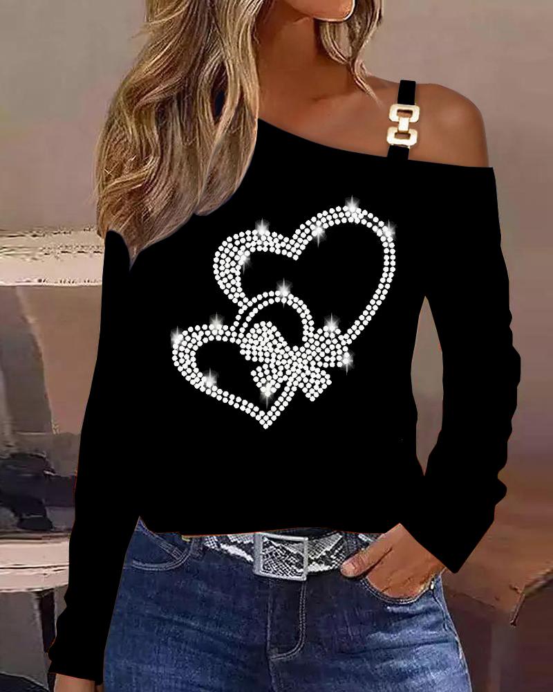

Studded Heart Pattern Cold Shoulder Top, Black