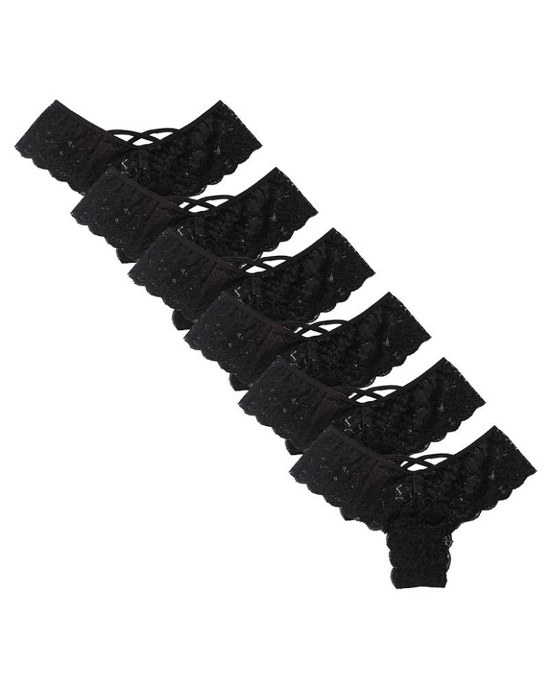 

6PCS/Set Criss Cross Floral Lace Panty, Black