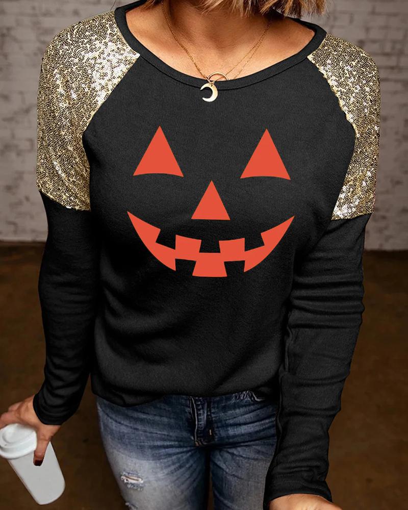 

Halloween Scary Face Print Contrast Sequin Top, Black