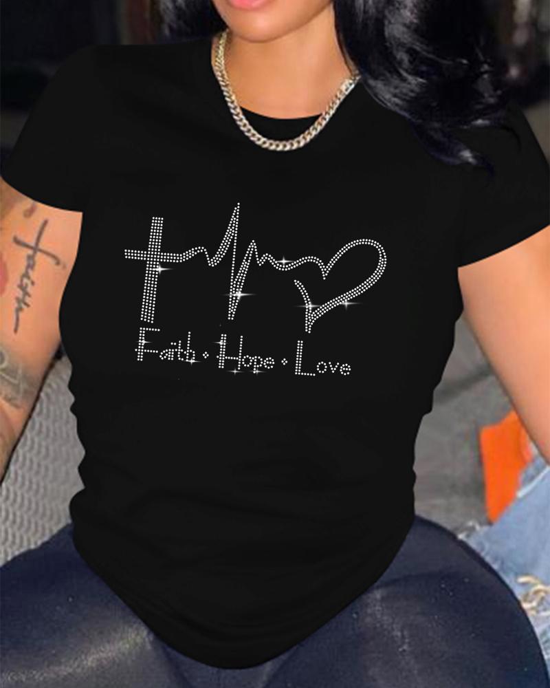

Plus Size Rhinestone Heart Letter Pattern Casual T-shirt, Black