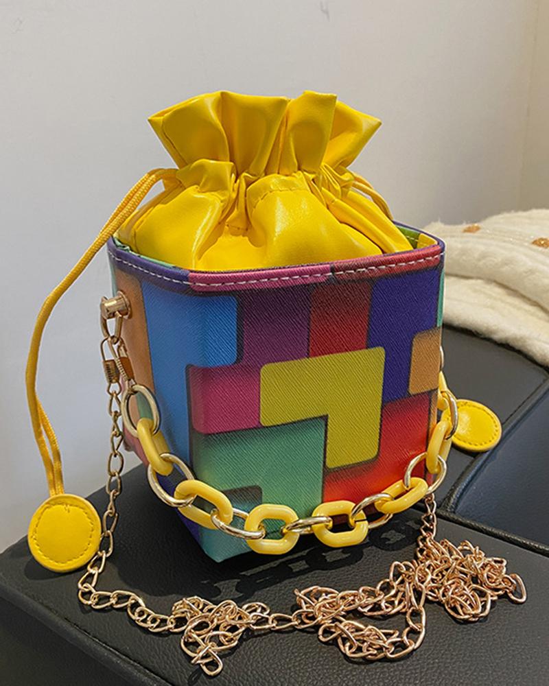 

Colorblock Chain Strap Drawstring Bucket Bag, Yellow