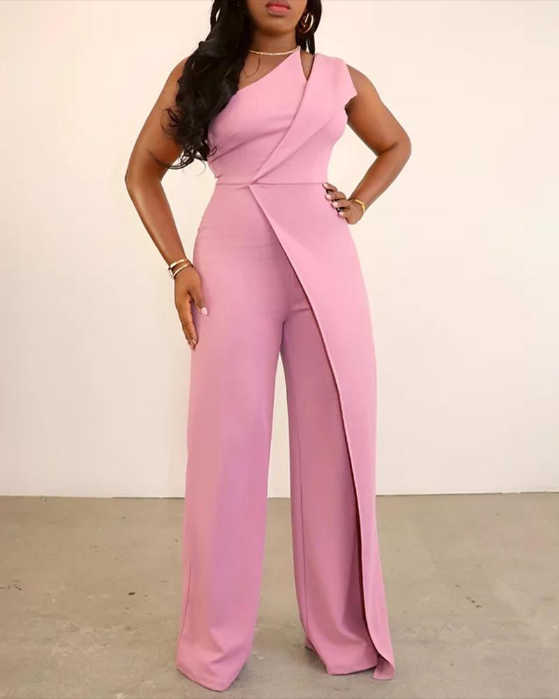 

Patchwork One Shoulder Straight Leg Jumpsuit, Pink