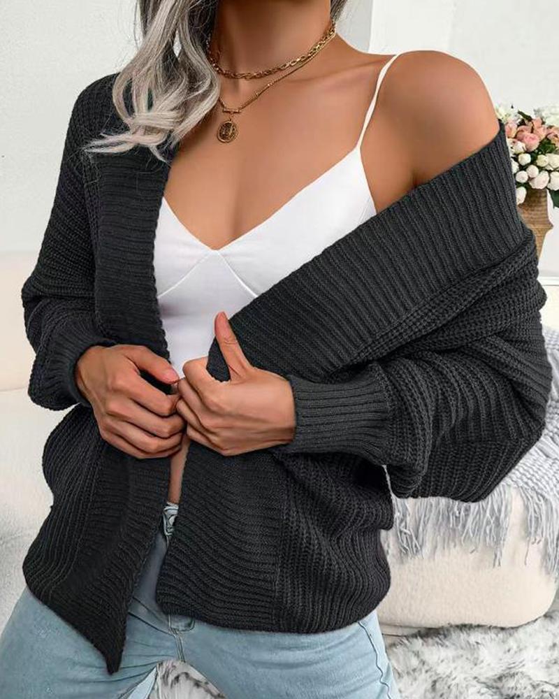

Open Front Lantern Sleeve Knit Casual Cardigan, Black