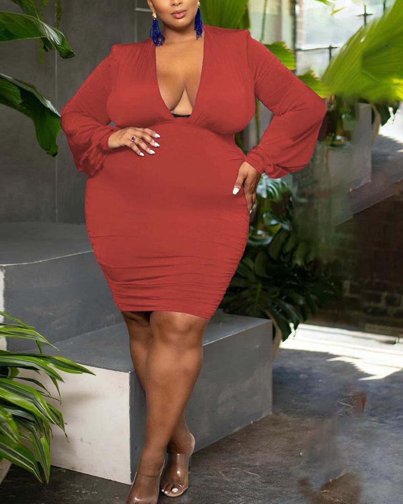 

Plus Size Plunging Neck Long Sleeve Ruched Party Dress, Orange