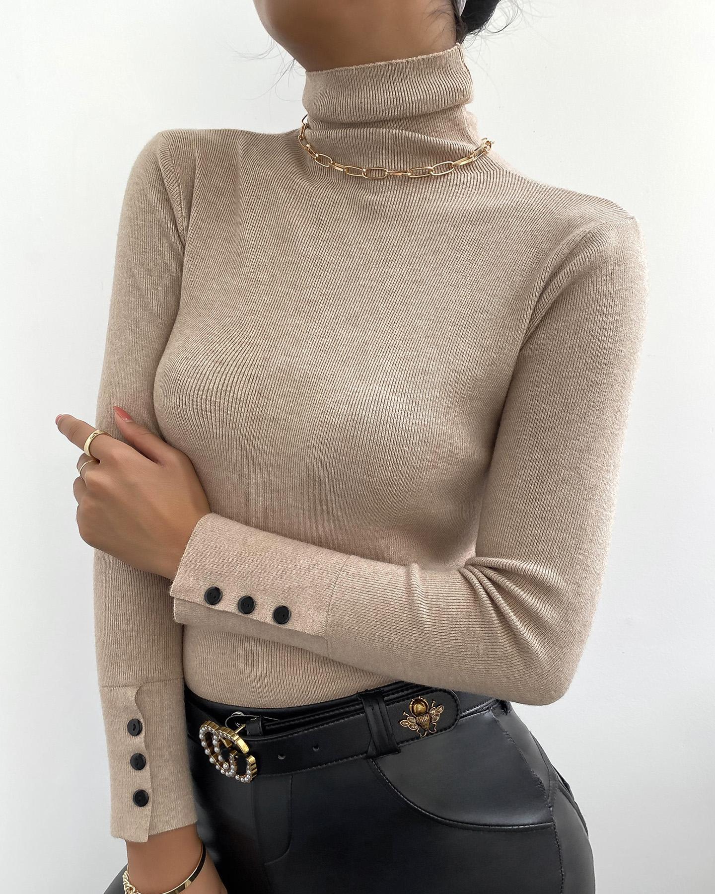 

Plain Button Design Long Sleeve Knit Top, Khaki