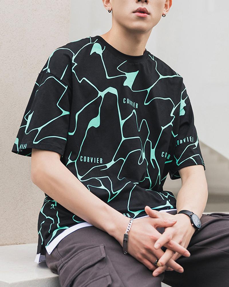 

Color Abstract Patterns Print Short Sleeve Loose T-shirts, Black