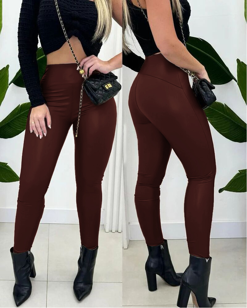 

ChicMe CurveEase PU Leather Leggings High Waist Curved Fleece Lined Tights Casual Pants, Wine red