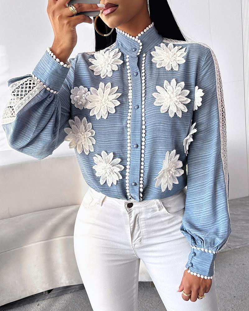 

Floral Pattern Contrast Lace Buttoned Top, Blue