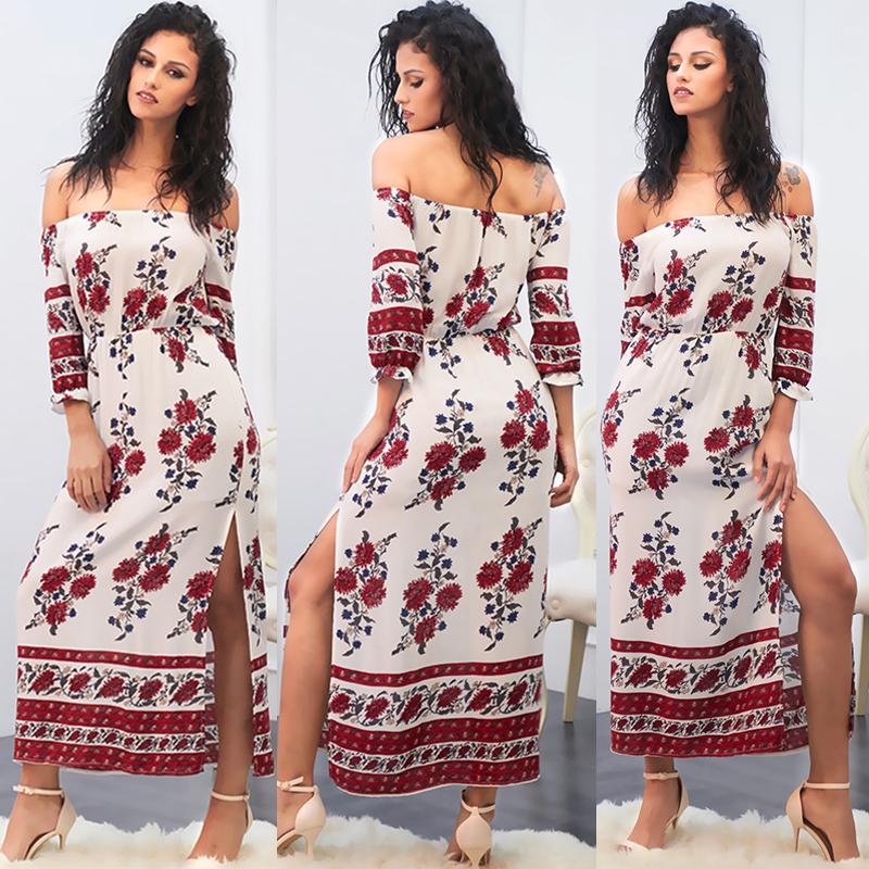 

Fashion Floral Printed Slit Off Shoulder Maxi Dress, White
