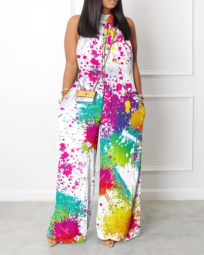 

Ink Splash Print Sleeveless Wide Leg Jumpsuit, White
