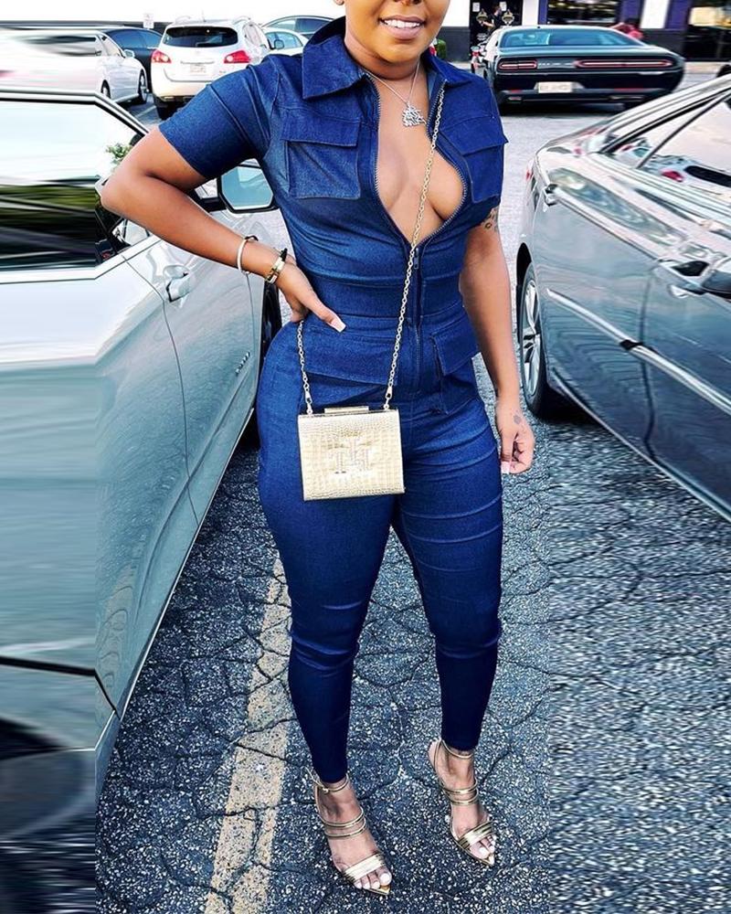 

Zip Front Pocket Design Denim Jumpsuit, Blue