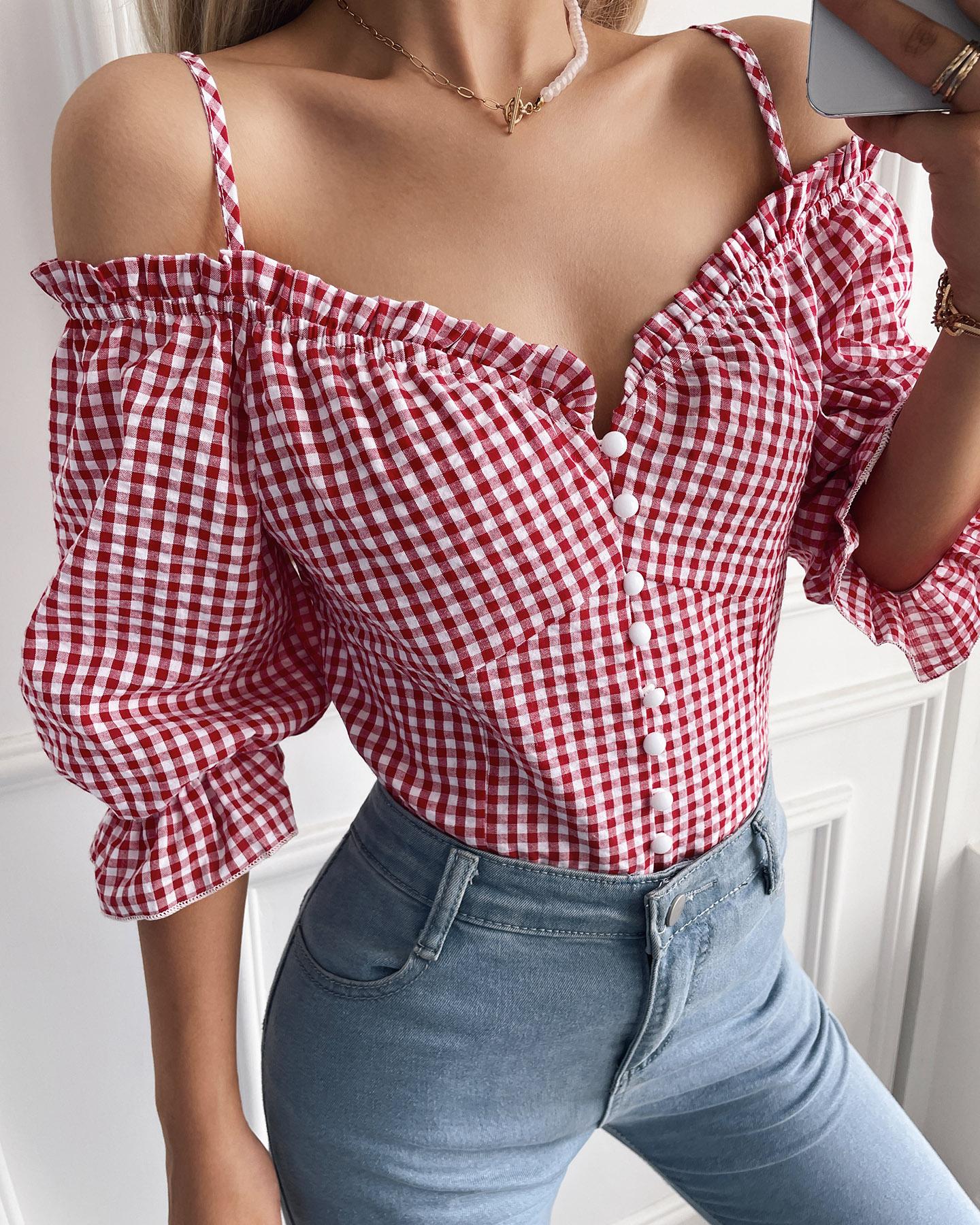 

Cold Shoulder Plaid Print Bell Sleeve Top, Red