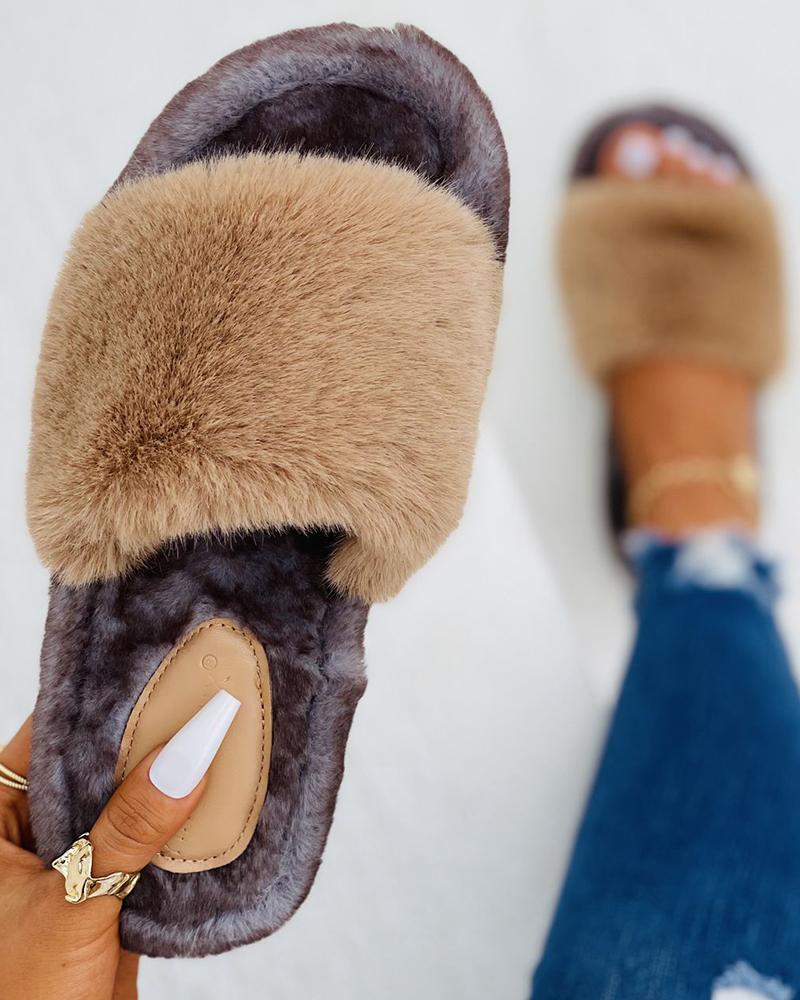 

Wide Strap Fluffy Casual Slipper, Brown