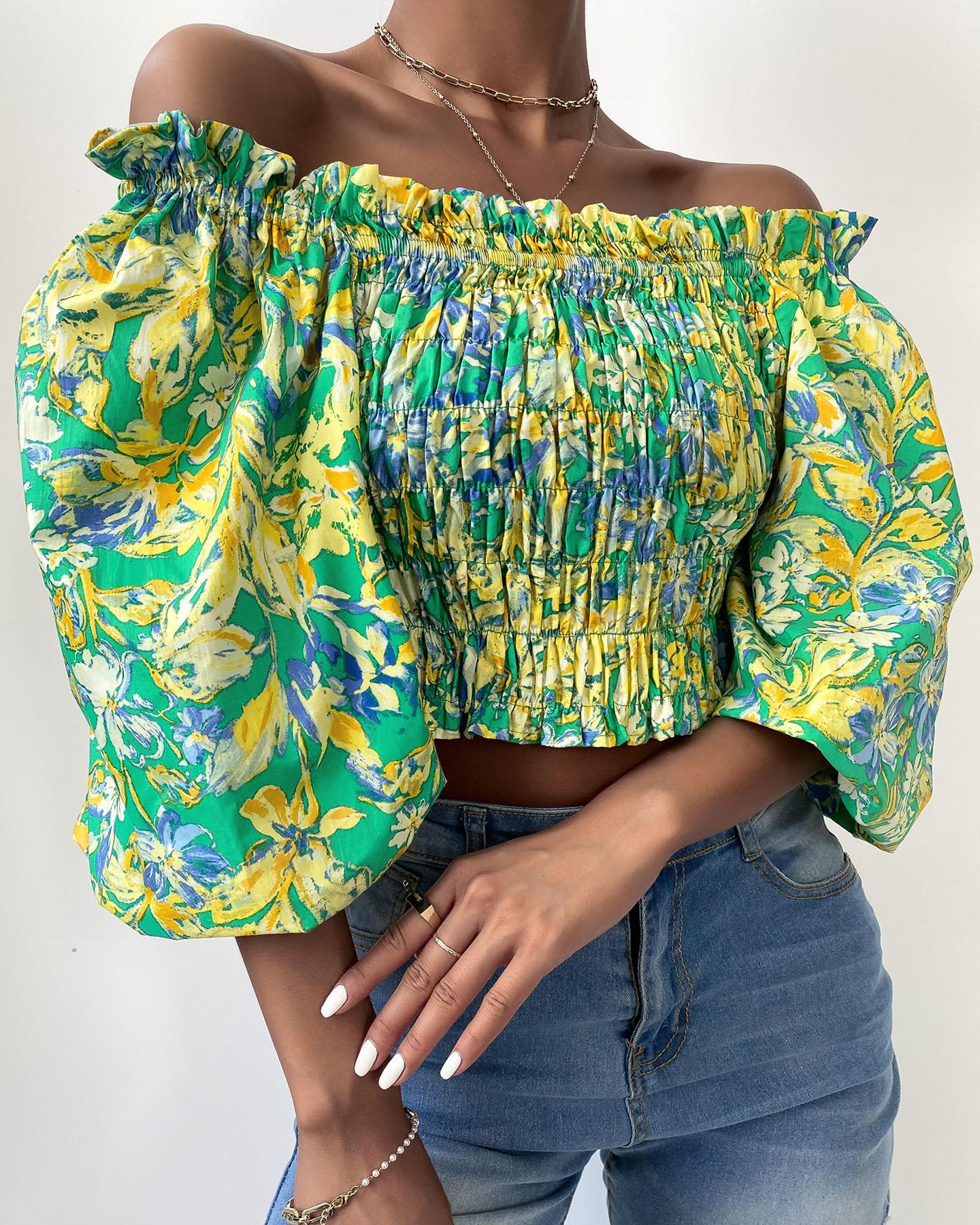 

Off Shoulder Shirred Lantern Sleeve Floral Print Crop Top, Green