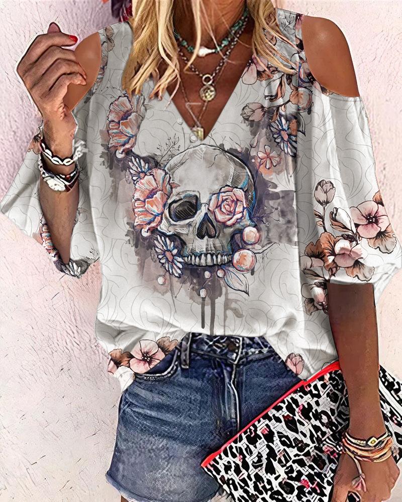 

Halloween Skull Floral Print Cold Shoulder Top, Multicolor