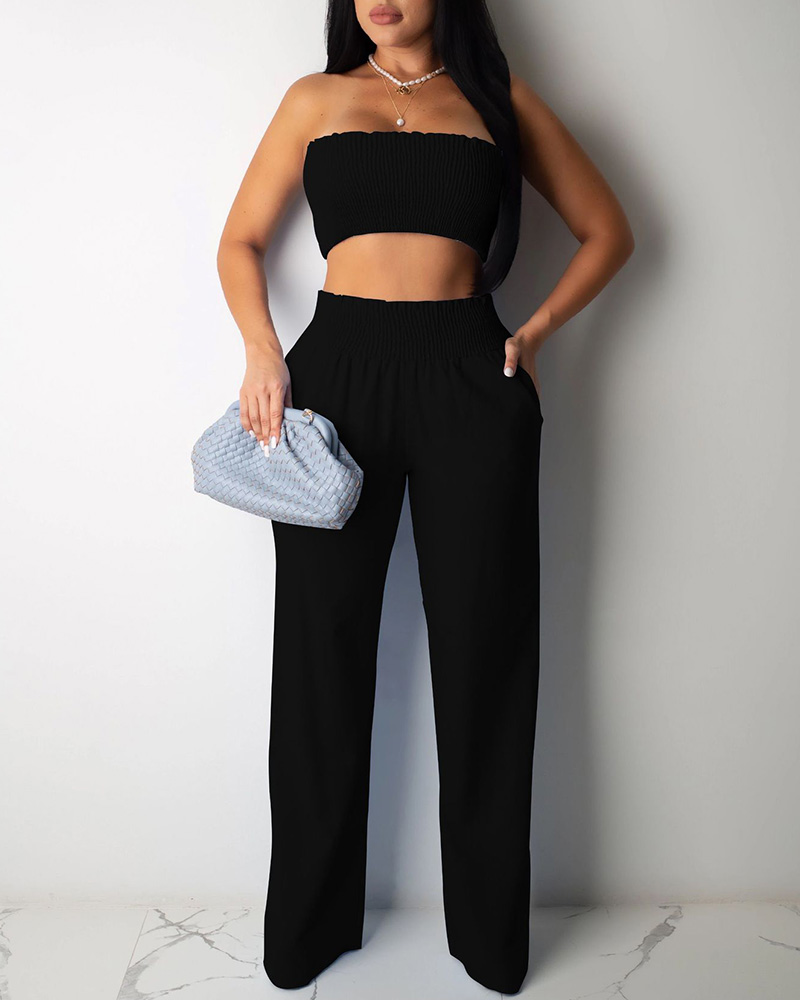 

Bandeau Shirring Design Top & Pants Set, Black