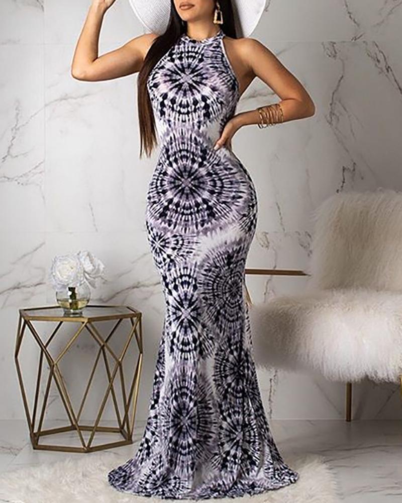 

Abstract Print Cutout Back Maxi Dress, White