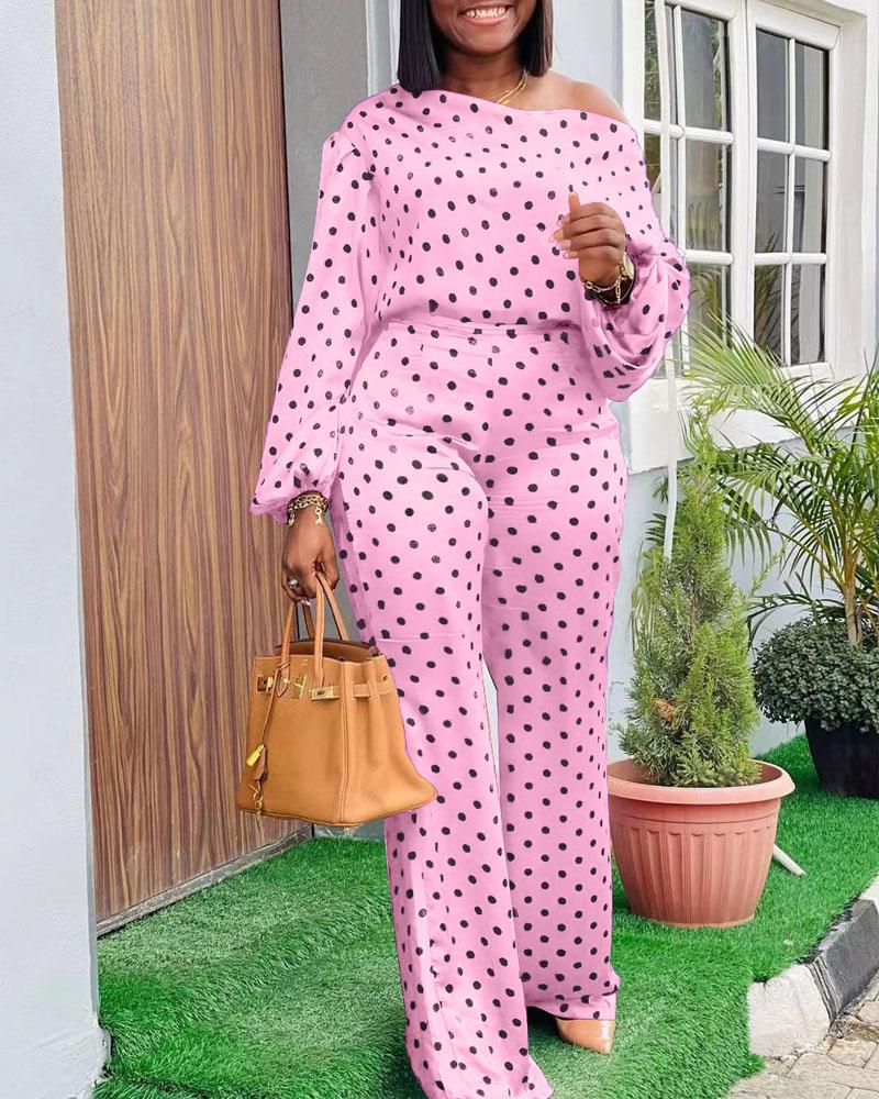 

Polka Dot Print Lantern Sleeve Top & Pants Set, Pink