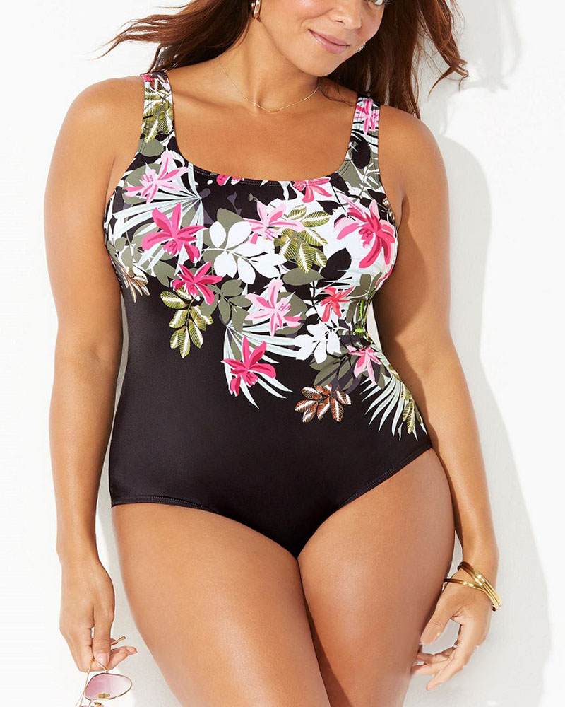 

Plus Size Tropical Print One-Piece Swimsuit, Black
