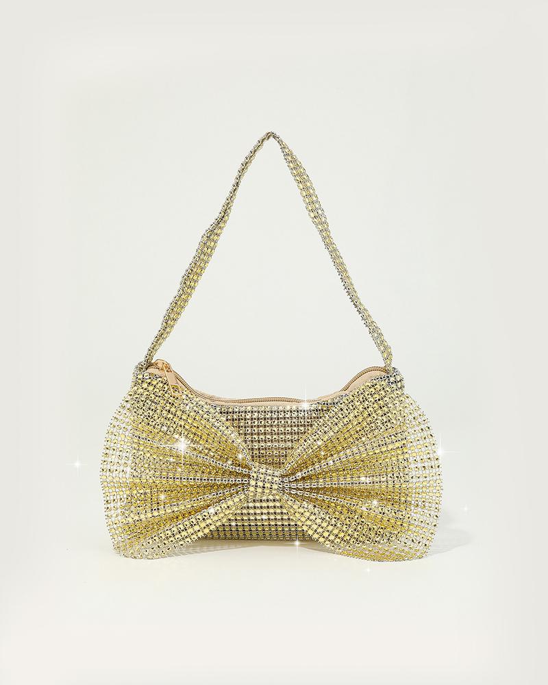 

Rhinestone Bowknot Design Handbag, Gold