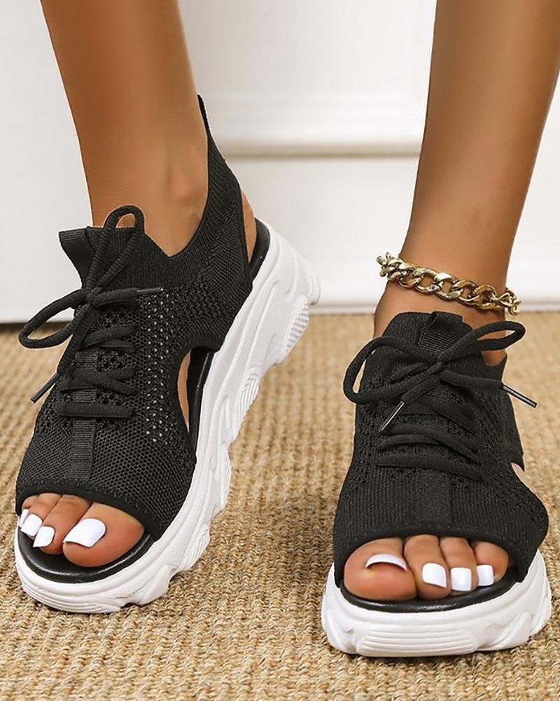 

Hollow Out Lace-up Cutout Platform Sandals, Black