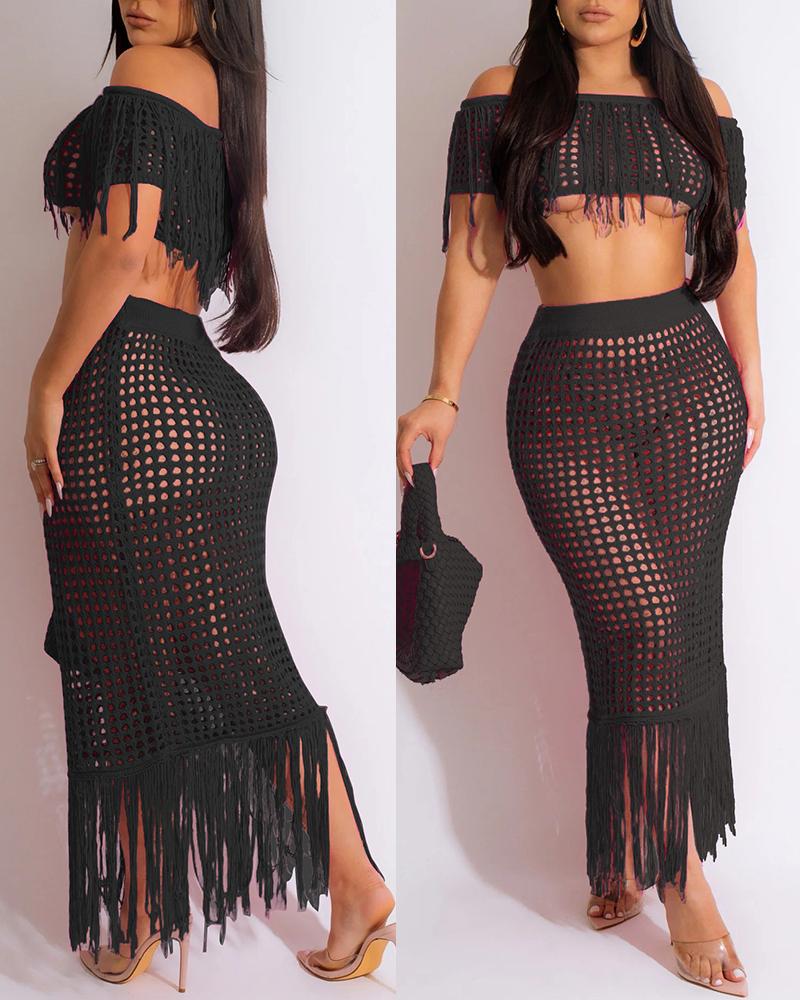 

Tassel Design Crochet Cover Up Top & Maxi Skirt Set, Black