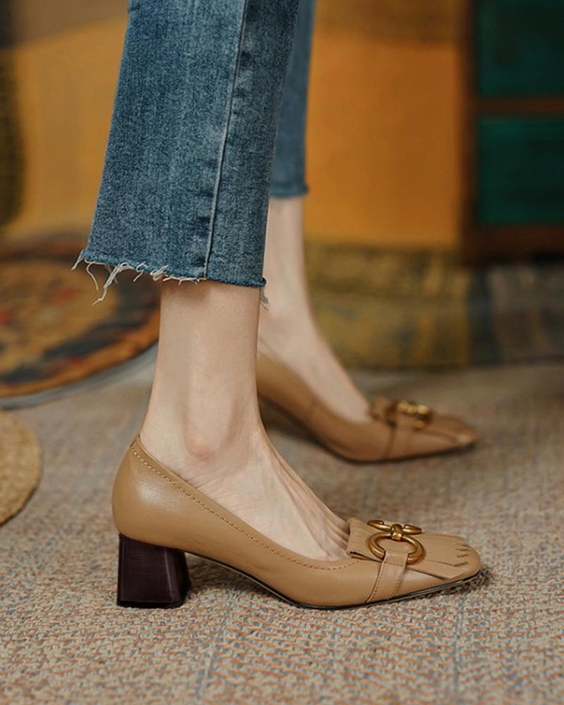 

Metal Buckle Tassel Square Toe Chunky Heels, Apricot