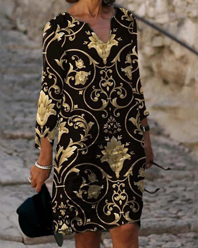 

Scarf Print Casual Dress Knee Length Long Sleeve Shift Dress, Black