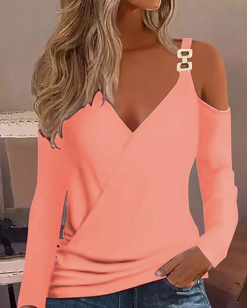 

Cold Shoulder Chain Decor Long Sleeve Top, Pink