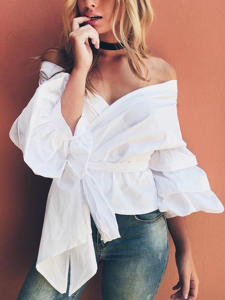 

Sexy Wrapped Open Front Puff Blouse, White